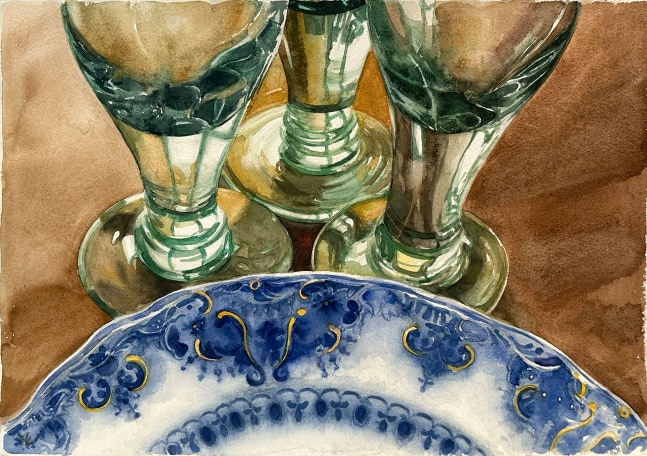 Mexican Glasses And Blueflow Plate  14.5&quot; x 21&quot;  Watercolor On D'Arches Paper