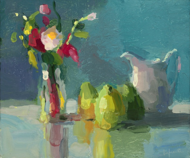 Garden Flowers, Pears And Pitcher  10&quot; x 12&quot;  Oil On Mounted Linen