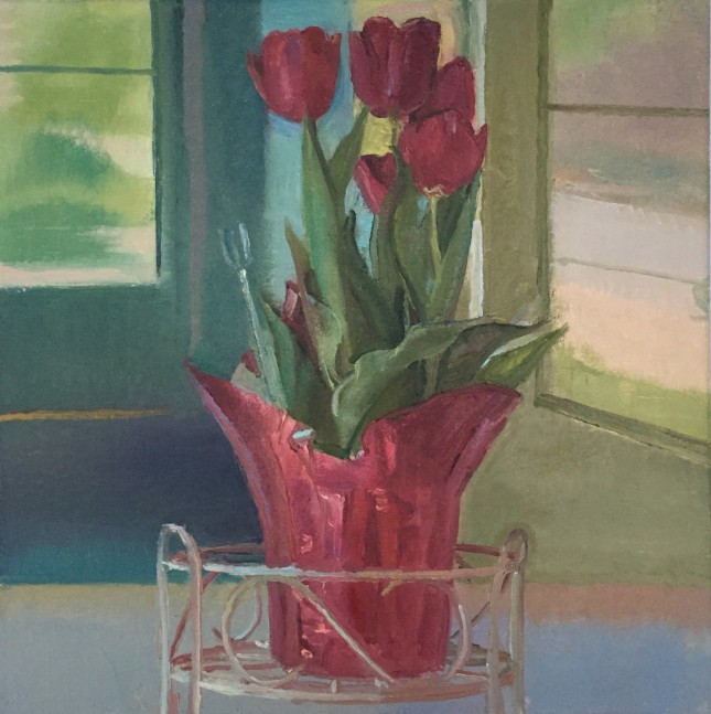 Red Tulips on the Porch  22&quot; x 20&quot;  Oil On Linen