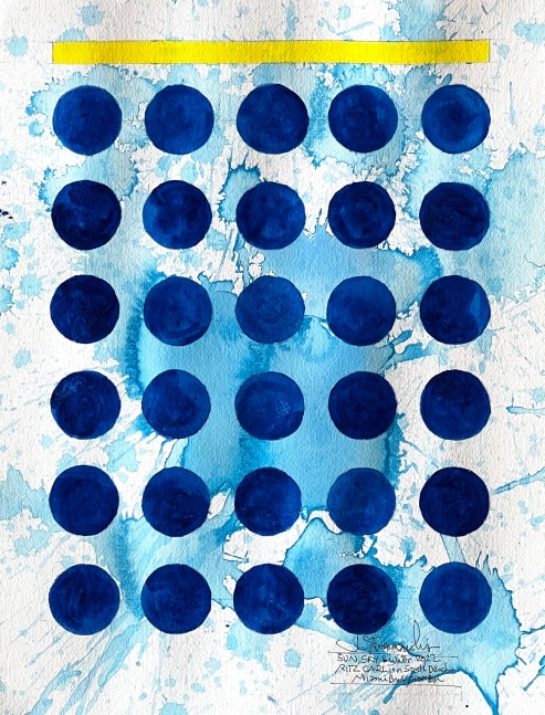 J. Steven Manolis' blue and yellow Abstract painting &quot; Sun, Water, Sky VII,&quot; 2022, Watercolor and vitreous acrylic on paper on display and available at the Ritz Carlton Miami Beach