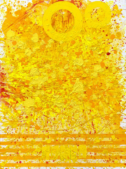 J. Steven Manolis' red, orange and yellow Abstract expressionist painting, &quot;Sunshine 6&quot; 2022, 48 inches high by 36 inches wide, acrylic on canvas. On display and available at Manolis Projects Gallery, Miami, Fl