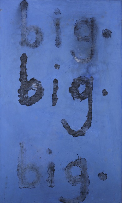 Maite Nobo's large blue abstract painting, &quot;Triple Big,&quot; painted in 2022 with mixed media on canvas totaling 60 inches high by 36 inches wide.