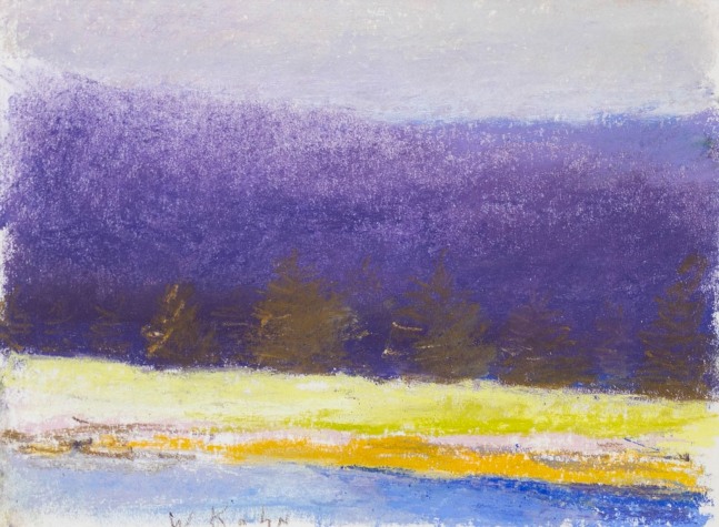 Edge of the Christmas Tree Field, is an original Wolf Kahn pastel for sale at, Manolis Projects Gallery. This Wolf Kahn pastel is of a classic abstract style landscape in of a yellow field and purple tree line, and was completed in 1994. This pastel on paper is 9 inches high x 12 inches wide. This artwork is a classic example of Kahn’s style as it features the fusion of color, spontaneity, and loose strokes, which create the luminous and vibrant atmospheric rural New England landscapes and color fields. Kahn’s unique blend of American Realism and the formal discipline of Color Field painting sets the work of Wolf Kahn apart from his contemporaries. It is one of many original Wolf Kahn artworks for sale at Manolis Projects Gallery Miami.