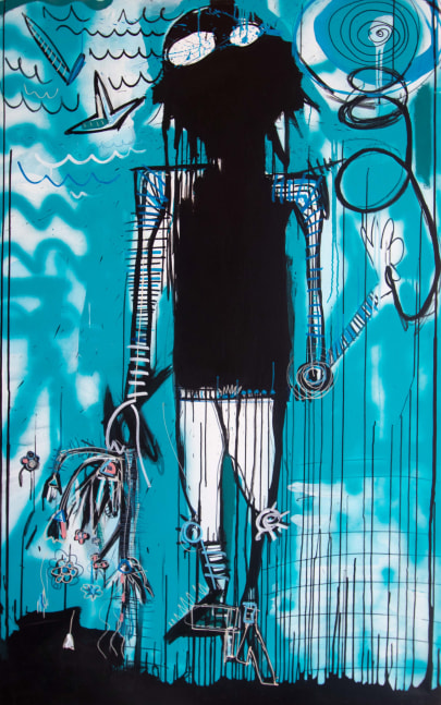 Argentinian artist Fernanda Lavera, El Ahorcado, 2020, Acrylic, Marker and Spray Paint on canvas, 79 x 45 inches, graffiti and street art at manolis projects gallery, Miami