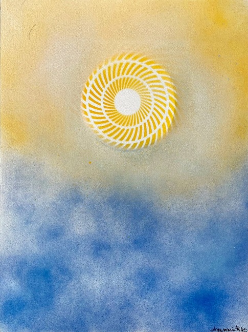 Annemarie Ryan’s Blue &amp; Yellow Abstract painting for the Ritz Carlton, South Beach, &quot;Sun-Water-Sky 2,&quot; 2022, Watercolor &amp; Vitreous Acrylic on paper, 16 x 12 inches