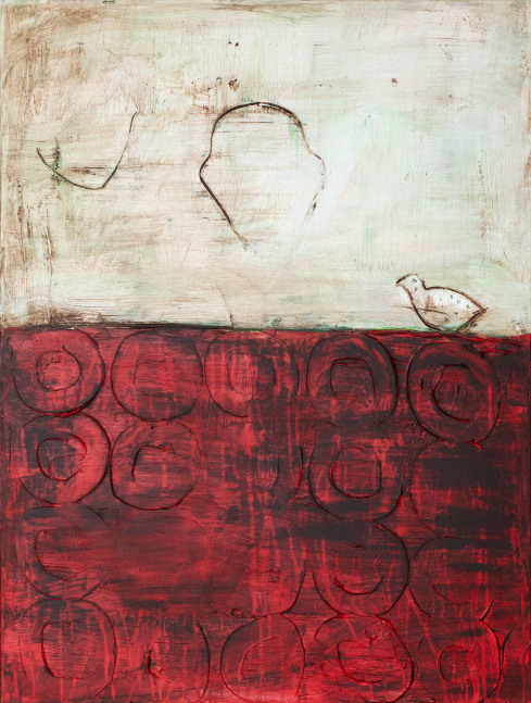 Connie Lloveras, Face Silhouettes, Bird &amp; Red Circles, 2022, Mixed media on canvas, 40 x 30 inches