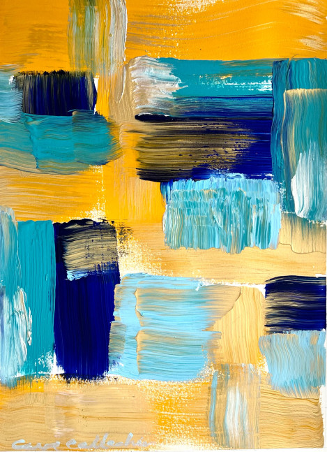 Carol Calicchio’s Blue and Yellow Abstract Painting for the Ritz Carlton South Beach, Days into Night, 2022, Oil painting on paper, 16 x 12 inches, for sale at Manolis Projects