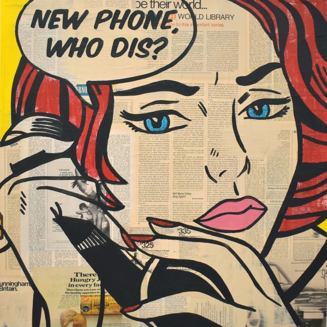 Jojo Anavim. New Phone, 2021, Acrylic, collage and Diamond Dust on canvas, 30 x 30 inches