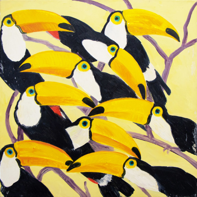 Hunt Slonem, Toucans, 1987, Oil on canvas, 37 x 37 inches, Hunt Slonem art for sale, Hunt Slonem bird paintings