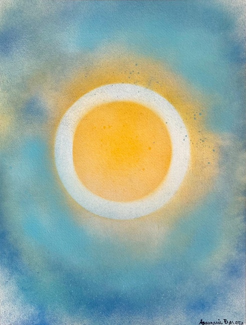 Annemarie Ryan’s Blue &amp; Yellow Abstract painting Sun-Water-Sky 4, 2022, Watercolor &amp; Vitreous Acrylic on paper, 16 x 12 inches, on display and available at the Ritz Carlton, South Beach
