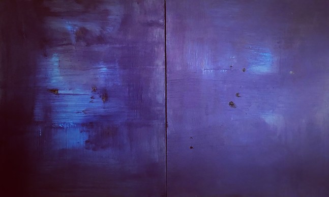 Maite Nobo's large scale, two panel, blue abstract painting, &quot;Impermanence of Woman,&quot; painted in 2021 with mixed media on canvas, totaling 72 inches high by 120 inches wide