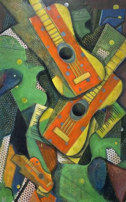 Bruce Helander, Triple Accoustics, 2019, Acrylic on Canvas with Printed Background, 79.25 x 50.25 inches, bruce helander art for sale