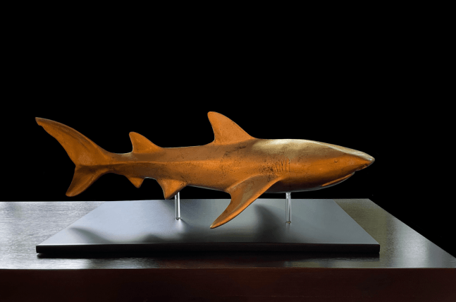 Hamilton Aguiar, Shark (small sculpture), 2016, Gold Leaf on Mixed Media, 35h x 14w x 12d inches
