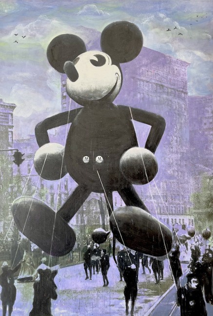 Bruce Helander, Macy's Mickey Mouse, ca. 1934 (Purple), 2019, Acrylic embellished with glitter and spray paint on Canvas, 82 x 56 inches, bruce helander art for sale