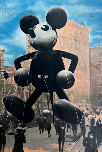 Bruce Helander, Macy's Mickey Mouse, ca. 1934 (Blue), 2018, Acrylic embellished with Glitter and Spray Paint on canvas, 79 x 55 inches, bruce helander art for sale