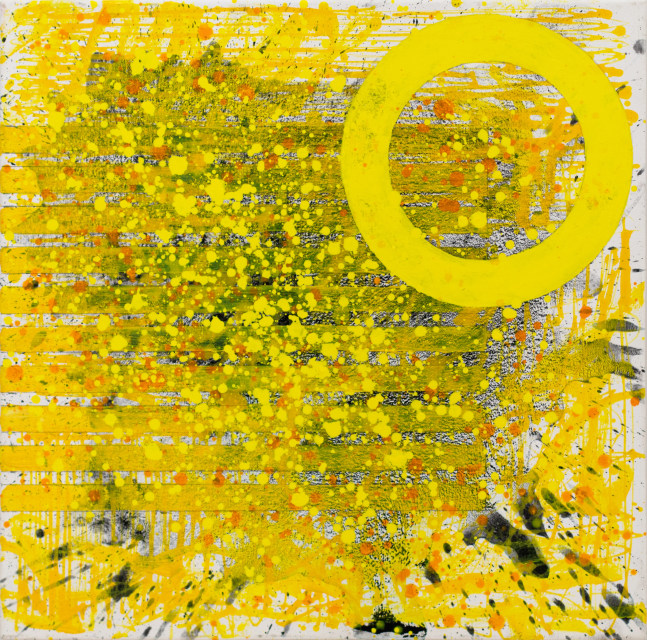 JSM, Sunshine (The Light after the Darkness)24.24.02, 2020, acrylic on canvas, 24 x 24 inches, Sunshine art, Yellow Abstract Art for Sale at Manolis Projects Art Gallery, Miami Fl