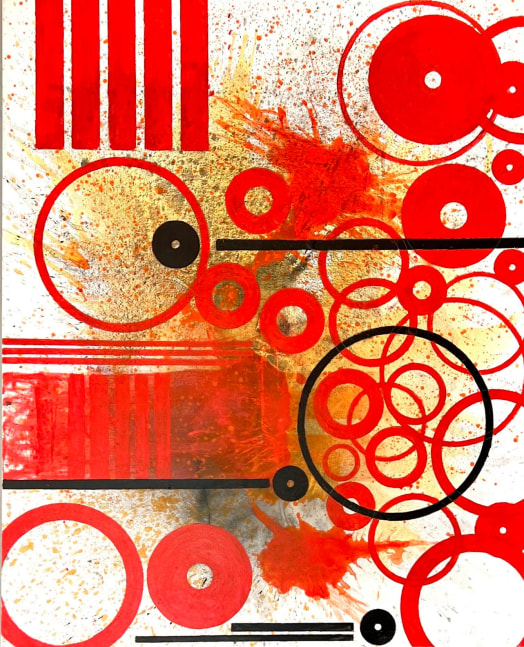 Artist J. Steven Manolis' large scale abstract expressionist painting, REDWORLD concentric 20, in red and black acrylic paint  on canvas, sized 60 x 48 inches. One of many large scale abstract paintings available at Manolis Projects Art Gallery in Miami, FL.
