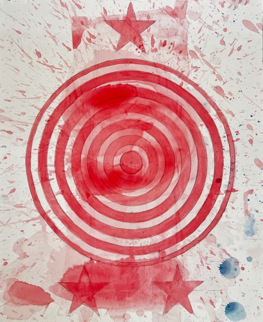 J. Steven Manolis', 17 x 14 inch, red, white and blue abstract expressionist painting, Happy Birthday America (Red Concentric), in vitreous acrylic paint on paper
