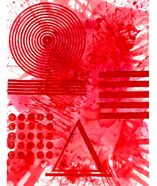 Artist J. Steven Manolis' abstract expressionist painting, REDWORLD concentric .02, in red vitreous acrylic paint on paper, sized 30 x 22.5 inches. One of many abstract paintings available at Manolis Projects Art Gallery in Miami, FL.