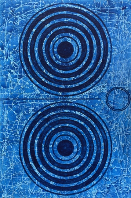 J. Steven Manolis, BlueLand Splash (Concentric), 2020, Acrylic and Latex Enamel on Canvas, 72 x 48 inches, Abstract expressionism paintings for sale at Manolis Projects Art Gallery, Miami, Fl