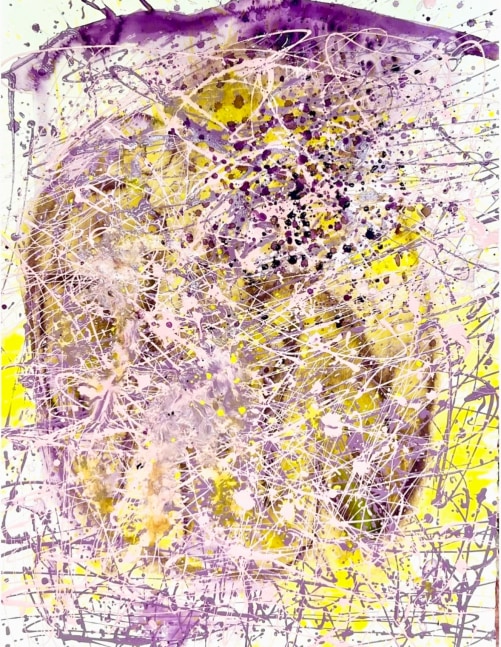 J. Steven Manolis Purple and Yellow abstract painting, Study of Purple and Yellow 1, 2024 in vitreous acrylic and latex enamel on paper, measuring 30 x 22.5 inches