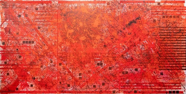 Artist J. Steven Manolis' large scale abstract expressionist painting, REDWORLD 22, in red and black acrylic paint with latex enamel on canvas, sized 72 x 144 inches. One of many large scale abstract paintings available at Manolis Projects Art Gallery in Miami, FL.
