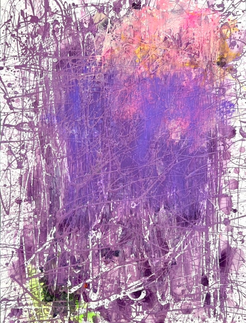 J. Steven Manolis' purple abstract expressionist painting, Violet and Grey (Spring has Sprung) II in vitreous acrylic and latex enamel on paper. It measures 30 x 22.5 inches
