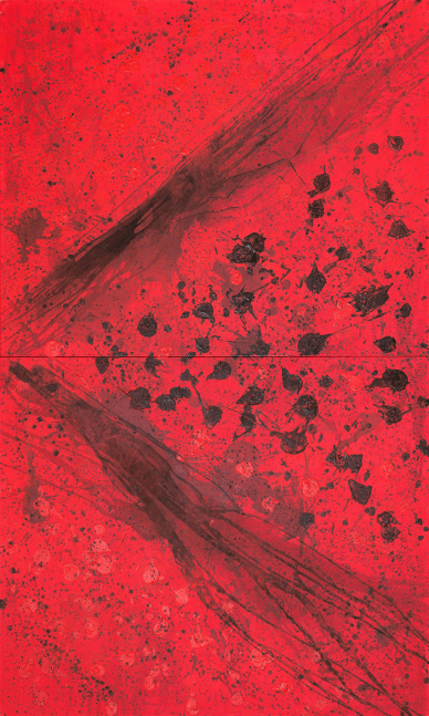 J. Steven Manolis (b. 1948 - ) REDWORLD Masculine, 2016, Acrylic and Latex Enamel on Canvas, 120 x 72 inches, Red Abstract Art, Large Abstract Wall Art for sale at Manolis Projects Art Gallery, Miami, Fl