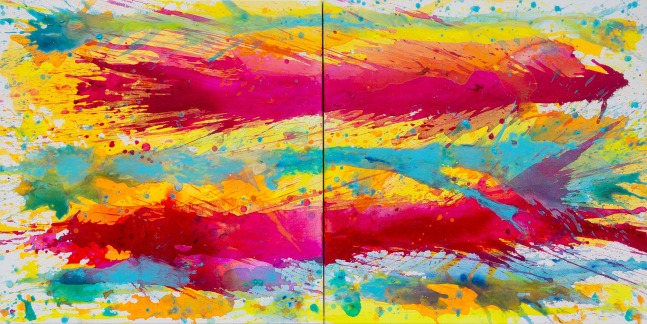 J. Steven Manolis, Biscayne Bay-Sun, Water &amp; Sky 2014.04 (diptych), acrylic on canvas, 36 x 72 inches, Abstract Tropical Painting, Miami Wall art For sale at Manolis Projects Art Gallery, Miami Fl