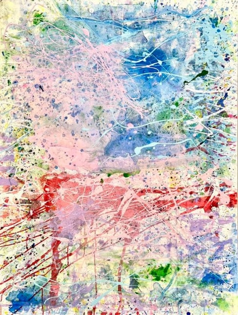 Artist J. Steven Manolis' large scale abstract expressionist painting, California Dreaming (Highway One), in blue, pink, green, yellow and white acrylic paint with latex enamel on canvas, sized 48 x 36 inches. One of many large scale abstract paintings available at Manolis Projects Art Gallery in Miami, FL.