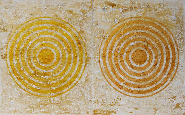 J. Steven Manolis, METALLICA Concentric (Renaissance Gold), 2018, Acrylic and Latex Enamel on canvas, 60 x 96 inches, For sale at Manolis Projects Art Gallery, Miami Fl