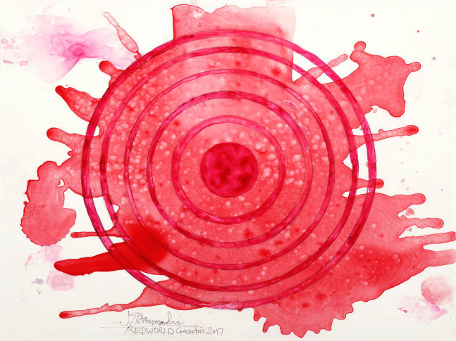 J. Steven Manolis, Redworld-Concentric, 2017, watercolor on arches paper, 10 x 14 inches, Red Abstract Painting, Abstract expressionism art for sale at Manolis Projects Art Gallery, Miami, Fl