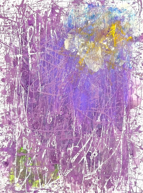 J. Steven Manolis' purple abstract expressionist painting, Violet and Grey (Spring has Sprung) 3 in vitreous acrylic and latex enamel on paper. It measures 30 x 22.5 inches