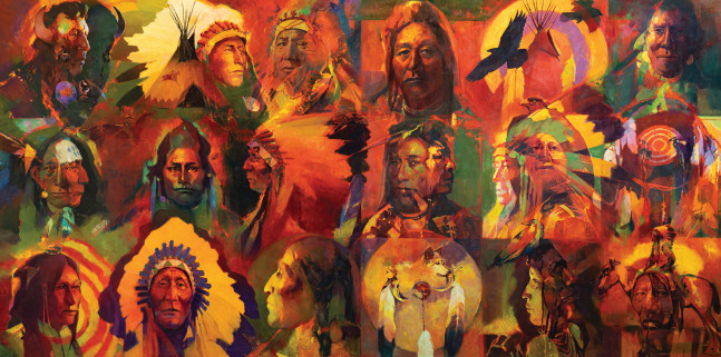 Evolving Evolution,&amp;nbsp;2021
Oil on canvas
60 x 120 inches
AVAILABLE

&amp;ldquo;Native American lives quickly evolved toward extinction. This painting is painted layer upon layer of not only paint but also image overlaying image over image, layer upon layer&amp;mdash;evolving.&amp;rdquo;&amp;nbsp; &amp;nbsp; &amp;nbsp;&amp;nbsp;- Tom Gilleon