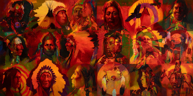 Evolving Evolution,&amp;nbsp;2021
Oil on canvas
60 x 120 inches
AVAILABLE

&amp;ldquo;Native American lives quickly evolved toward extinction. This painting is painted layer upon layer of not only paint but also image overlaying image over image, layer upon layer&amp;mdash;evolving.&amp;rdquo;&amp;nbsp; &amp;nbsp; &amp;nbsp;&amp;nbsp;- Tom Gilleon