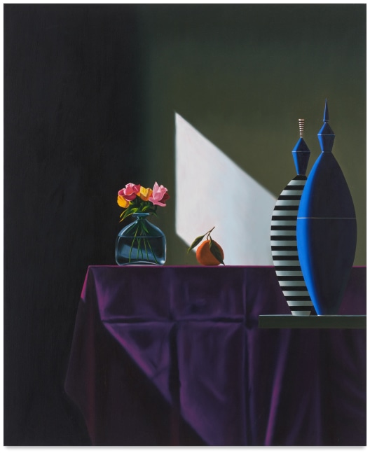 Bruce Cohen, Blue and Striped Vessels Next to Purple Tablecloth, 2018