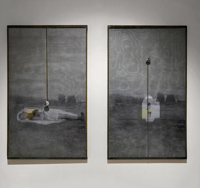 Touching the earth and passing the name, 2019
Oil, acrylic, metal mesh, archival paper, artist designed cast iron frame
57" x 66" (overall) | 57" x 32" (Each of 2) 