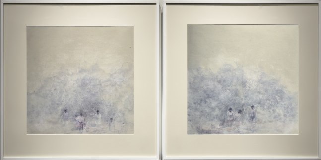 Wandering In Haze | 2022-2023
Paper pulp, acrylic, oil, pigmented ink on canvas on board
22.5” x 22.5” | Framed: 33” x 33” (Each of 2) 
TG 4890