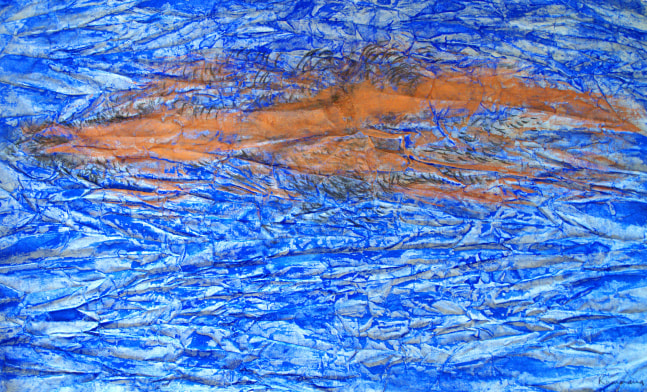 Crushed blue piece, 1992
Indigo and earth pigment, charcoal on crushed paper
19” x 29 3/4”