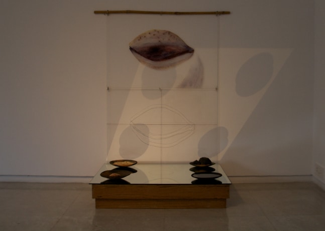 Resonance, 1993
Wood, Mirror, Paint on Acrylic, Plates, Rice, Water, Rock and Shell
32”x 38”x 7.5” (Wood & mirror), 50”x 36” (Paint on acrylic)