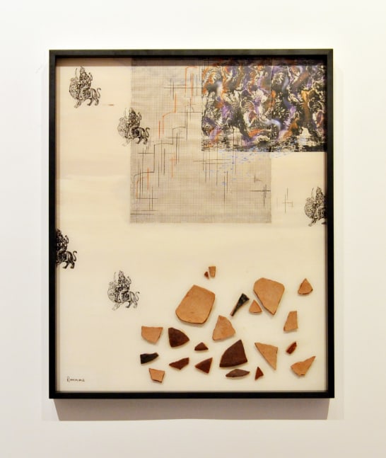 Tower of Babel, 1993
Terracotta and print on plexi, acrylic, indigo, earth pigment, pastel , and print on plastic pasted on board
27 3/4″ x 22 1/2”