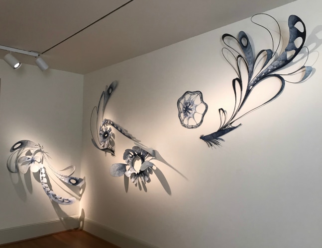 Monsoon, 2019
Stainless steel, fabric, tamarind seed glue and indigo pigment
108 1/4” x 461” x 18” (dimensions variable)