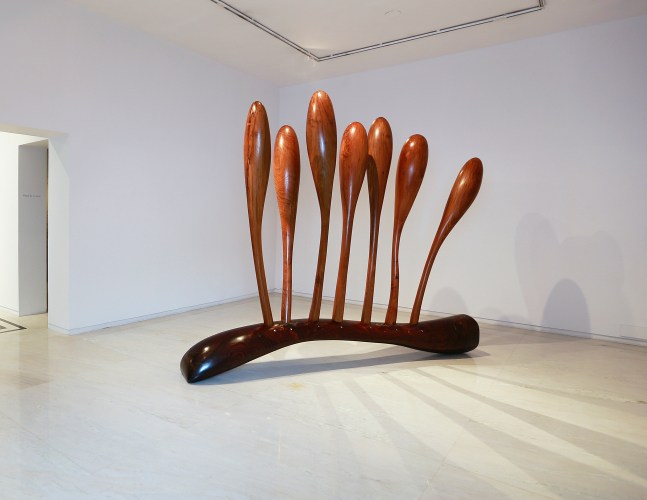 Honeysuckle and mercuryin a thick midnight plot, 2016
Rosewood, teakwood and stainless steel
90" x 112" x 21"