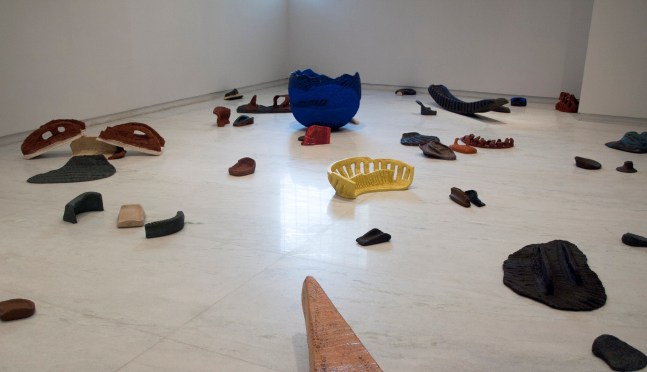 All over the place, 1994
Glazed and unglazed ceramic
273" x 180" (Variable, installation in 63 parts)   