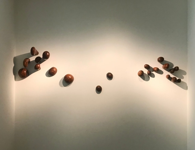 Shifting shores, 2019
Teak wood and pigment (in 21 parts)
20″ x 70″ (dimensions variable)