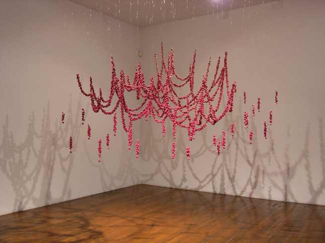 IN BLOOM, 2004
Wooden lacquered beads, glass beades, strings, fishing line
96" x 84" x 84"