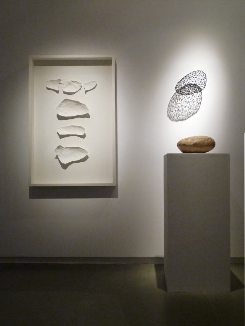 In Between, In & Out, 2009
Fiberglass, wood, welded metal, acrylic and stone
In 3 parts: 
29" x 46" x 3 1/2" (Framed Part)
12 1/2" x 8" x 6 1/2" (Stone)
12 1/2" x 8" x 5" (Wire Mesh)