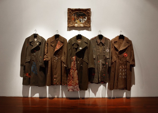 Risham Syed

Tent of Darius,&amp;nbsp;2009

Hand embroidered vintage army coats (five), acrylic on canvas on board

87&amp;quot; x 104&amp;quot; x 10