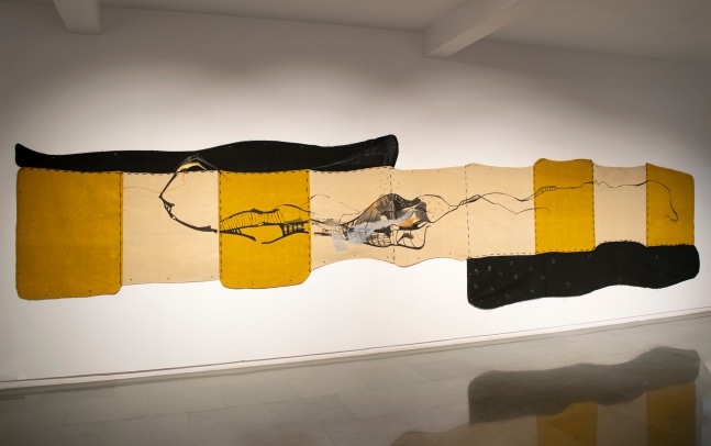 Sheila Makhijani
As far as I can stretch | 2000
Acrylic on cotton canvas, woolen thread
72″ x 300″
TG 2914