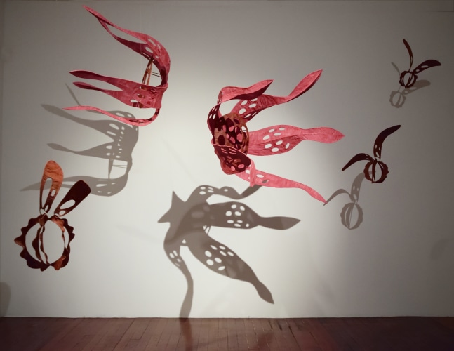 How long is a mile on two wings, 2017
Stainless steel, dyed muslin, tamarind seed powder paste
109 1/2 x 132 x 92 1/2